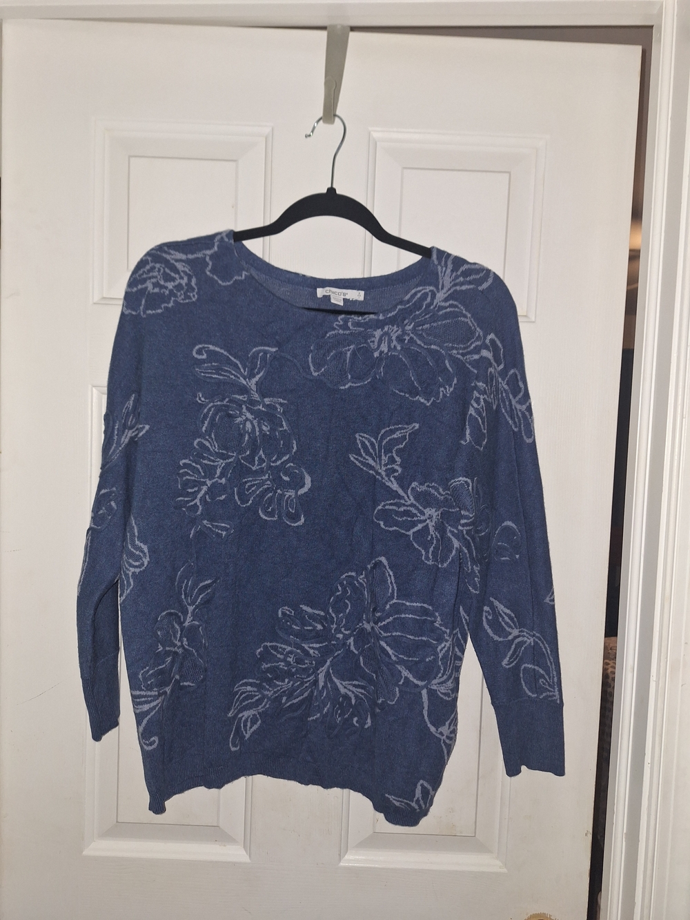 Chico's Denim Blue Floral Crewneck Sweater 2